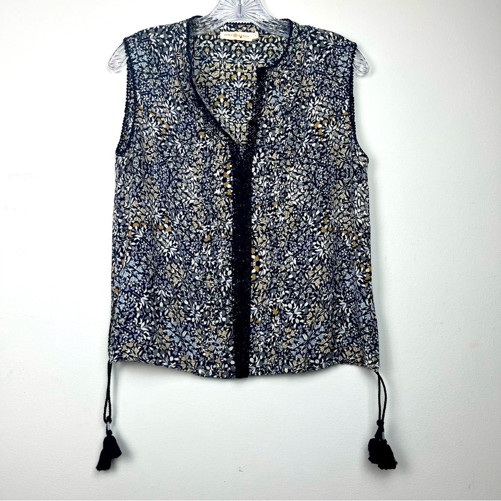 Tory Burch Floral Print Sleeveless Blouse Drawstring Tassels EUC Sz‎ 4 Boho Work